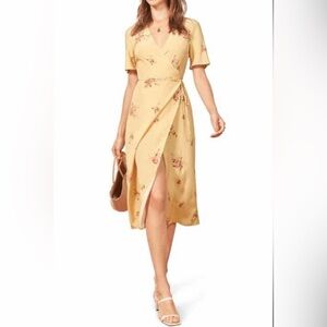 Reformation Yellow Floral Wrap Midi Dress